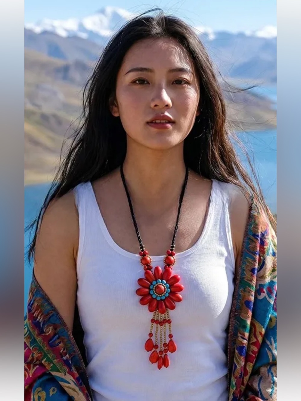 New! Boho Western Red Floral Howlite Pendant Statement Faux Coral Stone Necklace